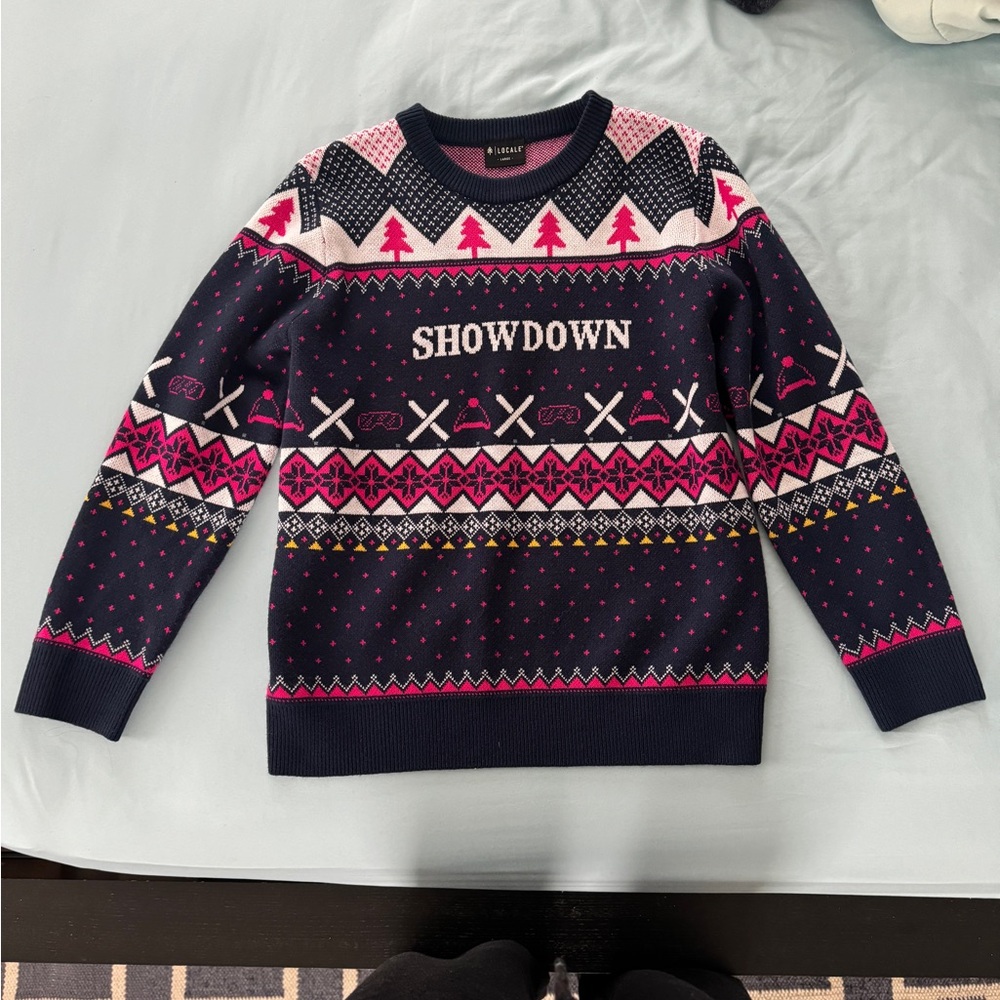 Blue and Pink Cardigan with Festive Patterns
